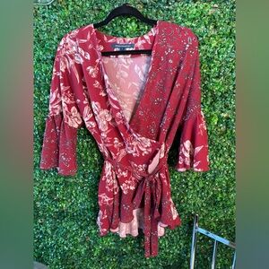French Connection Red and Cream Floral Ruffles sleeve wrap Top